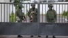 Riot police, protest in front of state television in Minsk, Belarus, 15 August 2020